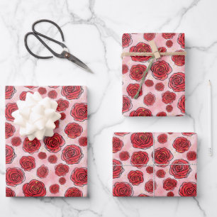 Feuille De Papier Cadeau Roses Rouges sur Motif Aquarelle Rose