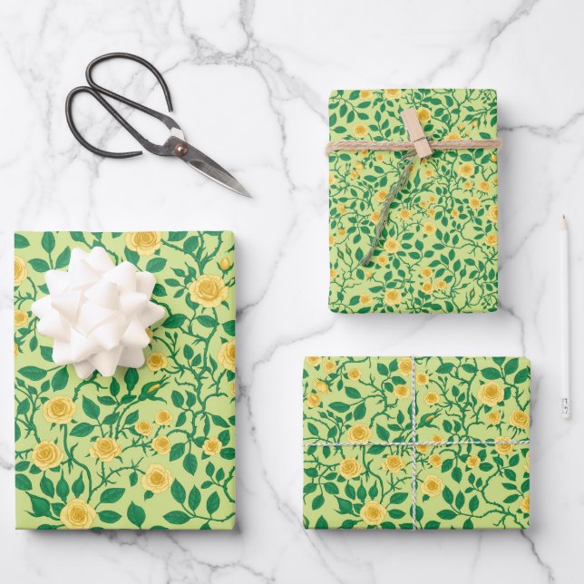 Feuille De Papier Cadeau Roses sauvages en jaune et vert (Recto)