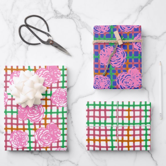 Feuille De Papier Cadeau Roses sur Motif Plaid - rose (Recto)
