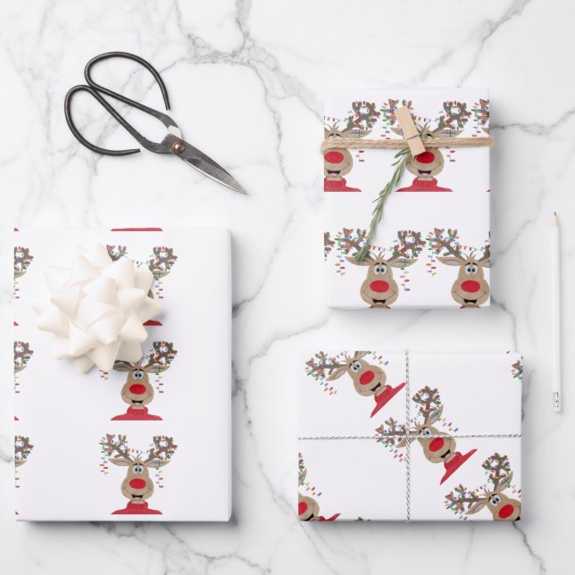Feuille De Papier Cadeau Roudolph Reindee illuminations de Noël (Recto)
