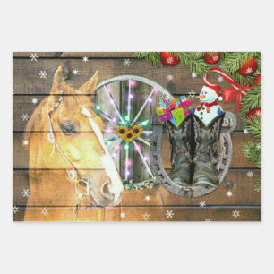 Feuille De Papier Cadeau Roue de Chariot de Noël Cheval Bottes de Cow-boy G