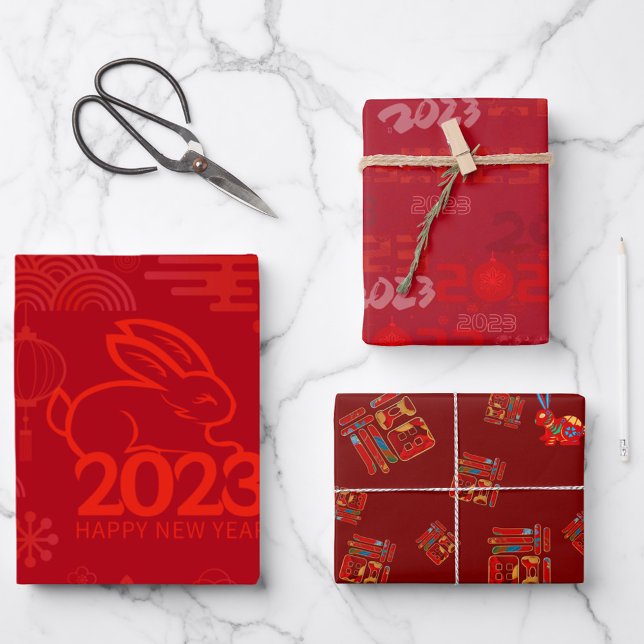Feuille De Papier Cadeau Rouge 2023 Lunaire Nouvel An Rabbit 福 Bénédictions (Créateur téléchargé)