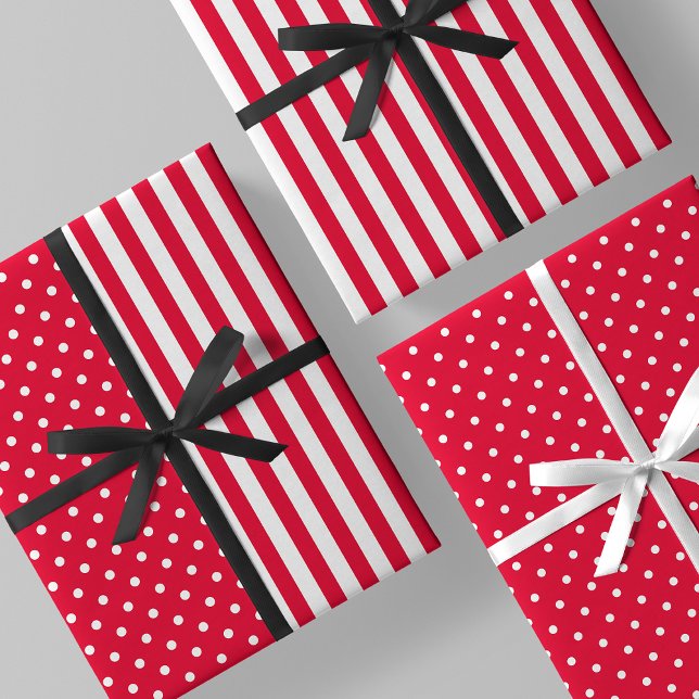 Feuille De Papier Cadeau Rouge & Blanc Amusant & Unique Rayures & Points (Red & White Fun & Unique Stripes & Polka Dots Wrapping Paper Sheets)