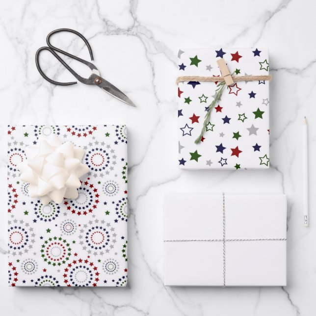 Feuille De Papier Cadeau Rouge Blanc Bleu Vert Gris Cercles Étoile Envelopp (Recto)
