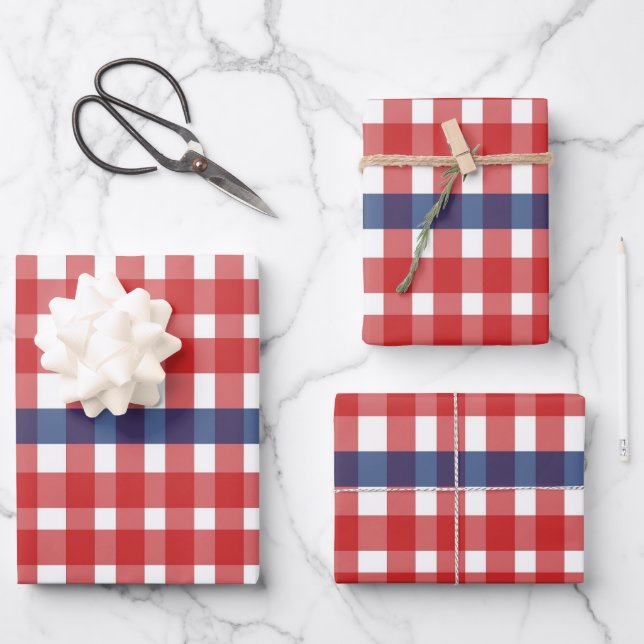 Feuille De Papier Cadeau Rouge blanc et bleu En vichy plaid (Recto)