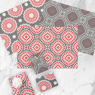 Feuille De Papier Cadeau Rouge blanc gris ethnique Mosaïque Motifs géométri