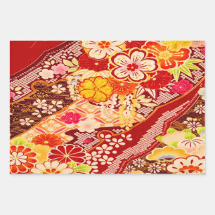 Feuille De Papier Cadeau Rouge Blanc Jaune Japonais Kimono Floral Découpage