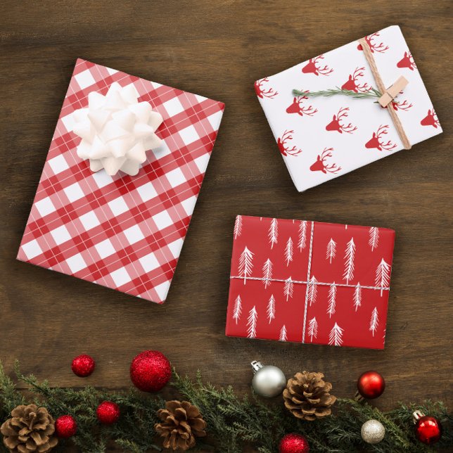 Feuille De Papier Cadeau Rouge Blanc Mixte Rustique Motifs Deer Woods Plaid (Créateur téléchargé)
