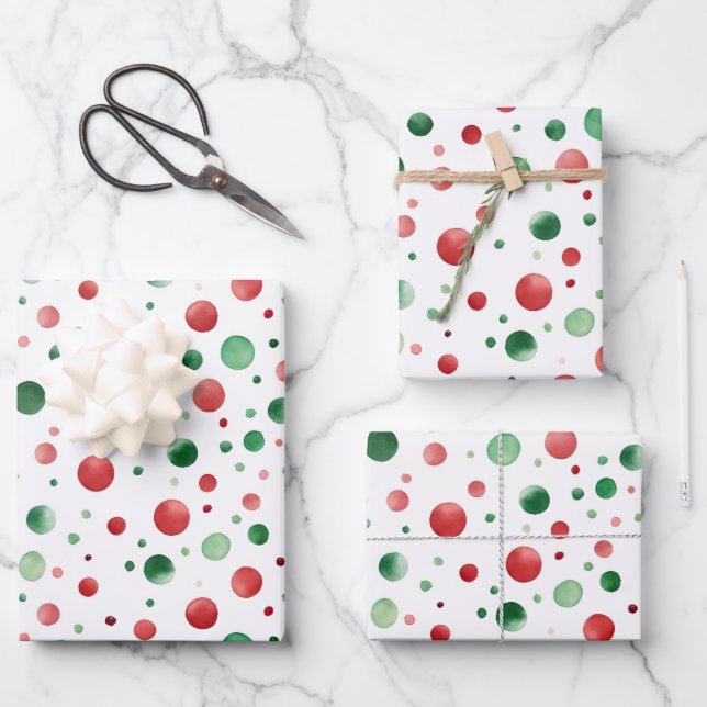 Feuille De Papier Cadeau Rouge Blanc Points Verts Anniversaire (Recto)