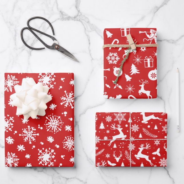 Feuille De Papier Cadeau Rouge Blanc Snowflakes Reinder Noël (Recto)
