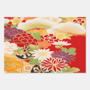 Feuille De Papier Cadeau Rouge Blanc Vintage Japonais Kimono Floral Découpa
