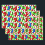 Feuille De Papier Cadeau Rouge, Bleu, Green Christmas Stockings & Stripes<br><div class="desc">Ce papier d'emballage amusant et festif sur le thème de Noël présente divers motifs de rayures vertes,  blanches et rouges,  ainsi que des représentations rouges,  bleues et vertes de bas de Noël. Le papier enveloppant comme celui-ci pourrait être utilisé pour envelopper les cadeaux offerts à la célébration de Noël.</div>
