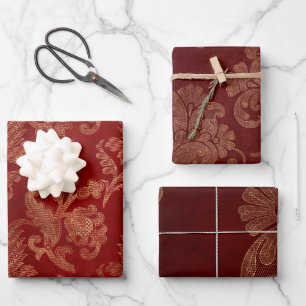 Feuille De Papier Cadeau Rouge Bourgogne et Or Noël Damassé