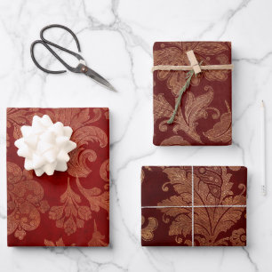 Feuille De Papier Cadeau Rouge Bourgogne riche et damas or