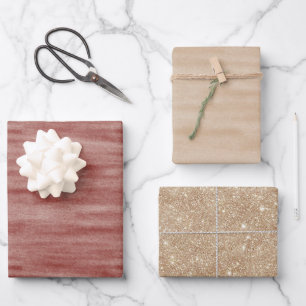 Feuille De Papier Cadeau Rouge Cerise Blush Crème Paillettes Or Noël