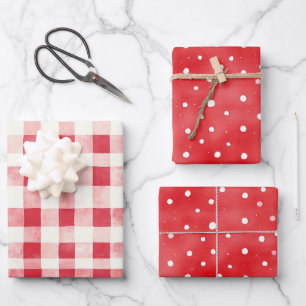 Feuille De Papier Cadeau Rouge Crème Carreaux Rayures Points Anniversaire