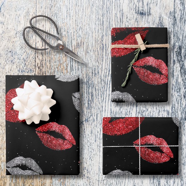 Feuille De Papier Cadeau Rouge de la Saint-Valentin Lèvres Pailletées Argen (Créateur téléchargé)