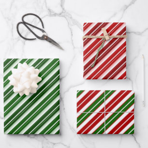 Feuille De Papier Cadeau Rouge de vacances, Blanc et Vert Rayures de Noël