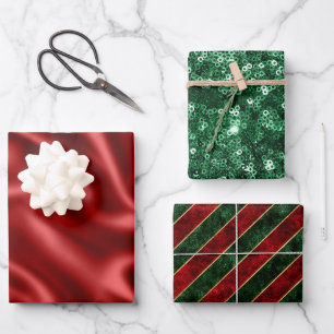 Feuille De Papier Cadeau Rouge et vert Fête de satin et paillettes de Noël