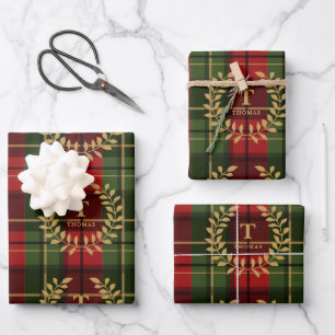 Feuille De Papier Cadeau Rouge festif et carreau vert avec monogramme perso