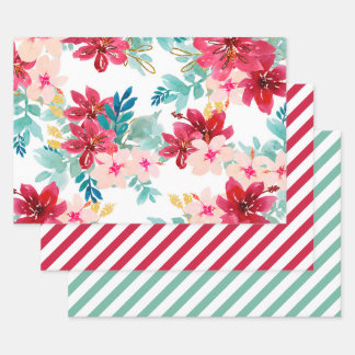 Feuille De Papier Cadeau Rouge Floral Téâl Aquarelle Rayure de verdure