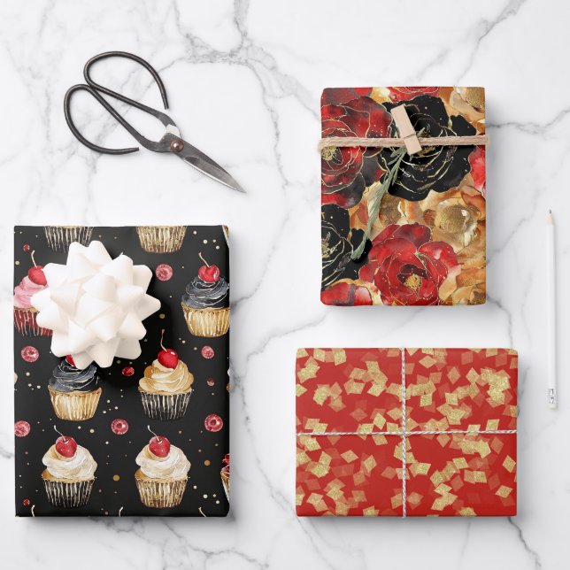Feuille De Papier Cadeau Rouge Glam Cupcakes Fleurs Anniversaire (Recto)