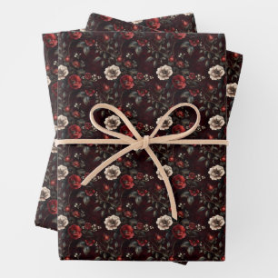 Feuille De Papier Cadeau Rouge & Ivoire Fleurs Sombres et Maussades