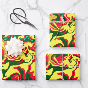 Feuille De Papier Cadeau Rouge, Jaune et Vert Vibrants, Art Abstrait
