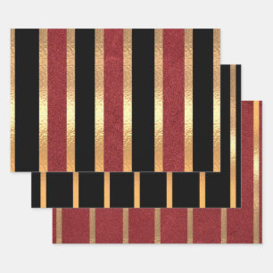 Feuille De Papier Cadeau Rouge noir Golden Stripes moderne