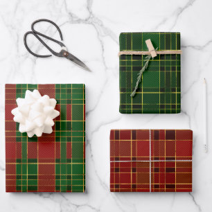 Feuille De Papier Cadeau Rouge, or et vert hiver Noël Plaid Motifs