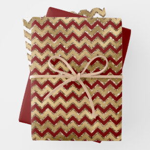 Feuille De Papier Cadeau Rouge or Glam Zigzag Stripes Noël