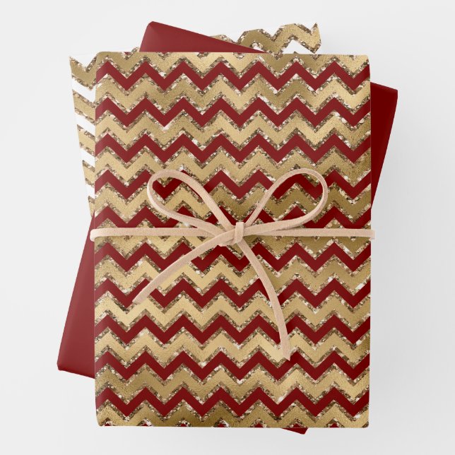 Feuille De Papier Cadeau Rouge or Glam Zigzag Stripes Noël (En situation)
