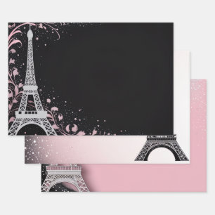 Feuille De Papier Cadeau Rouge Pâle Pailleté Thème Parisien Métal Argenté