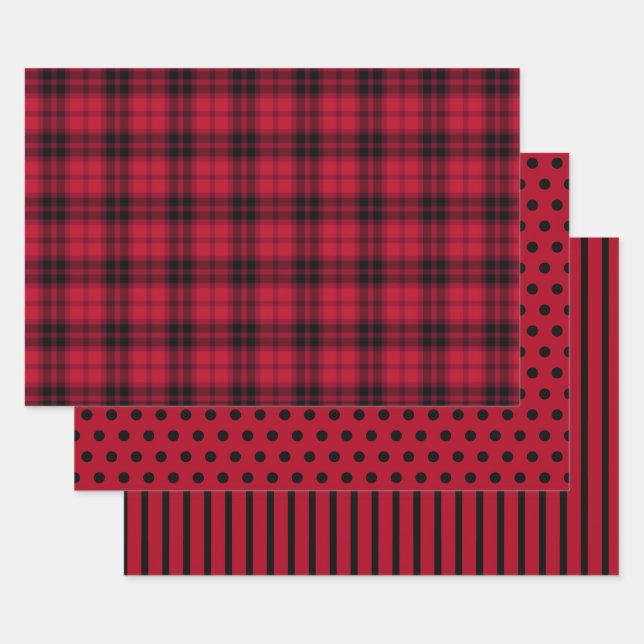 Feuille De Papier Cadeau Rouge Rustique Plaid de Buffalo Points noirs et Ra (Lot)