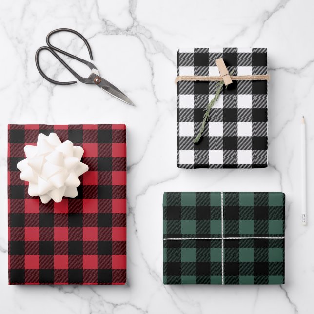 Feuille De Papier Cadeau Rouge rustique Rouge vert et noir Buffalo plaqué N (Recto)