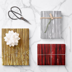 Feuille De Papier Cadeau Rouge Silver Gold Glam Tinsel Stripes