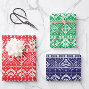 Feuille De Papier Cadeau Rouge, Vert & Bleu Hiver Fair Isle Noël
