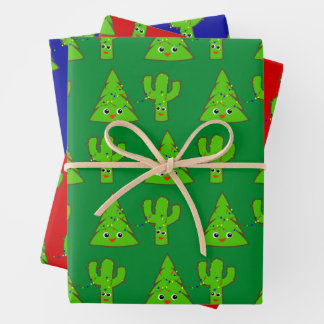 Feuille De Papier Cadeau Rouge Vert Bleu mignon Arbre Cactus Drôle Noël