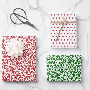 Feuille De Papier Cadeau Rouge Vert Damassé à pois sur fond blanc croquant