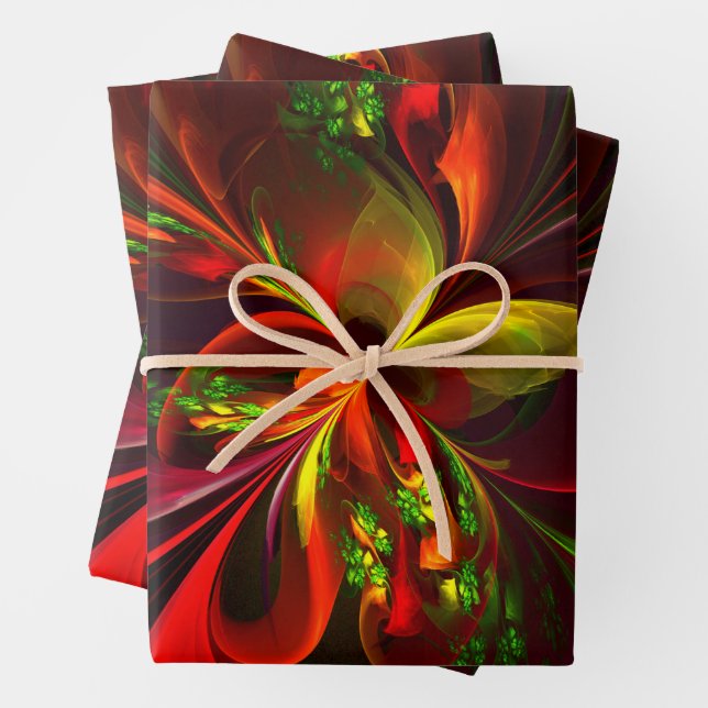 Feuille De Papier Cadeau Rouge vert moderne Floral Abstrait Art Motif #05 (En situation)