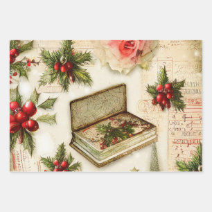 Feuille De Papier Cadeau Rouge Vert Noël Fêtes Rétro Vintage