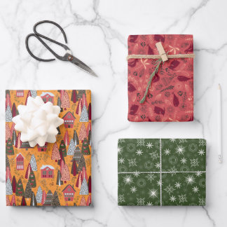 Feuille De Papier Cadeau Rouge Vert Orange Noël Forêt Village