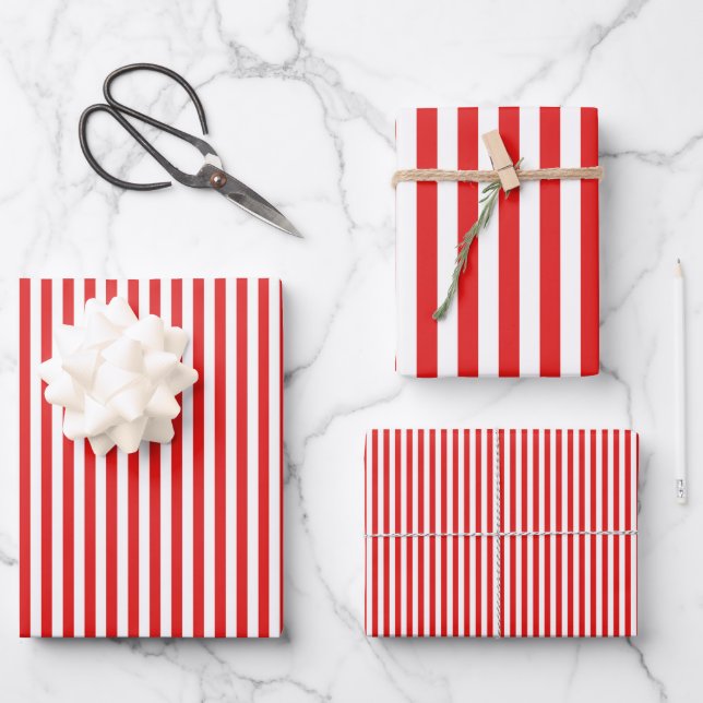 Feuille De Papier Cadeau Rouge vif et rayures blanches (Recto)