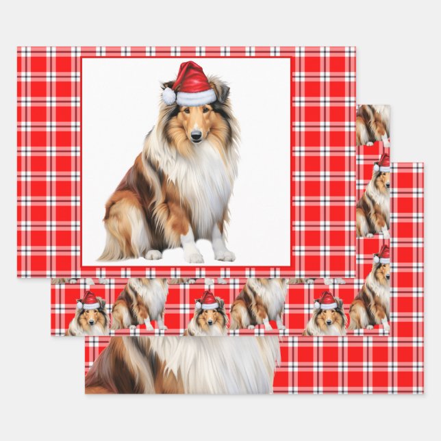 Feuille De Papier Cadeau Rough Collie Chien Rouge Plaid Noël (Lot)
