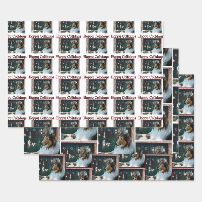 Feuille De Papier Cadeau Rough Collie Joyeux Collidays Noël (Lot)