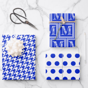 Feuille De Papier Cadeau Royal Blue Houndstooth Monogram Polka Dot