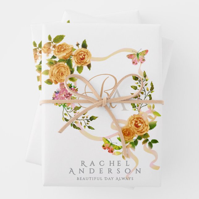 Feuille De Papier Cadeau Ruban Rose Or Chic Monogramme Blanc (En situation)