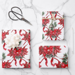 Feuille De Papier Cadeau Ruban Rouge Poinsettias Bows treillis
