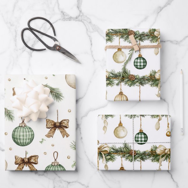 Feuille De Papier Cadeau Rubans Marron Rustique Crème Vert Noël   (Recto)