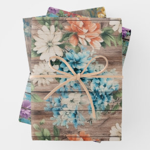Feuille De Papier Cadeau Rustic Country Distressed Wood Floral Bleu